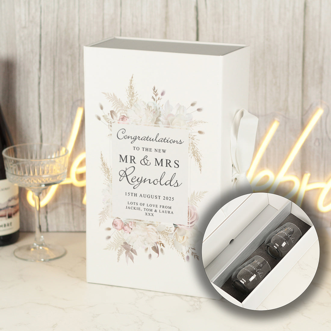 Blush Flowers Wedding White Recycled Bottle Box and Matching Glasses Gift Set-Love Lumi Ltd