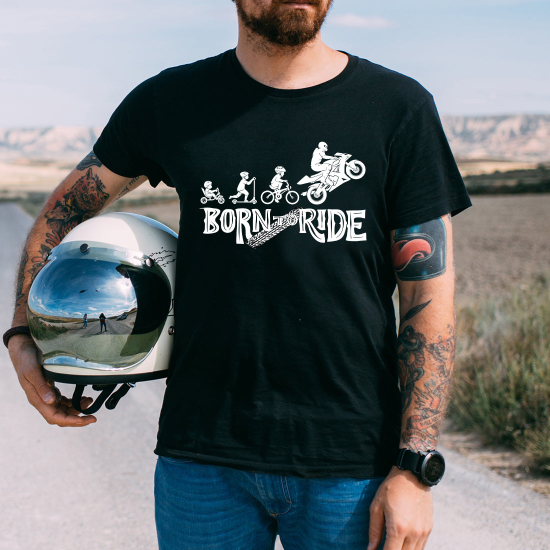 Motorcyclist Born To Ride Motorbike Evolution Men's White or Black T-Shirt-Love Lumi Ltd