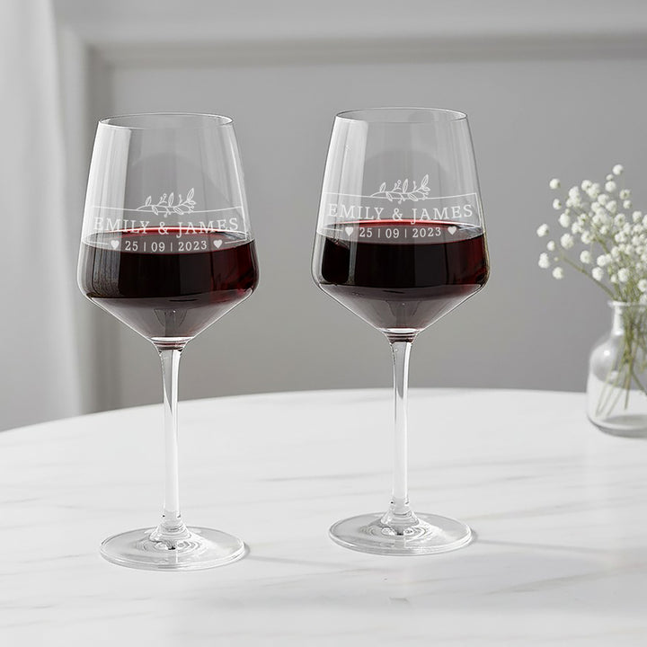 Botanical Frame Pair Of Stemmed Wedding Anniversary Wine Glasses
