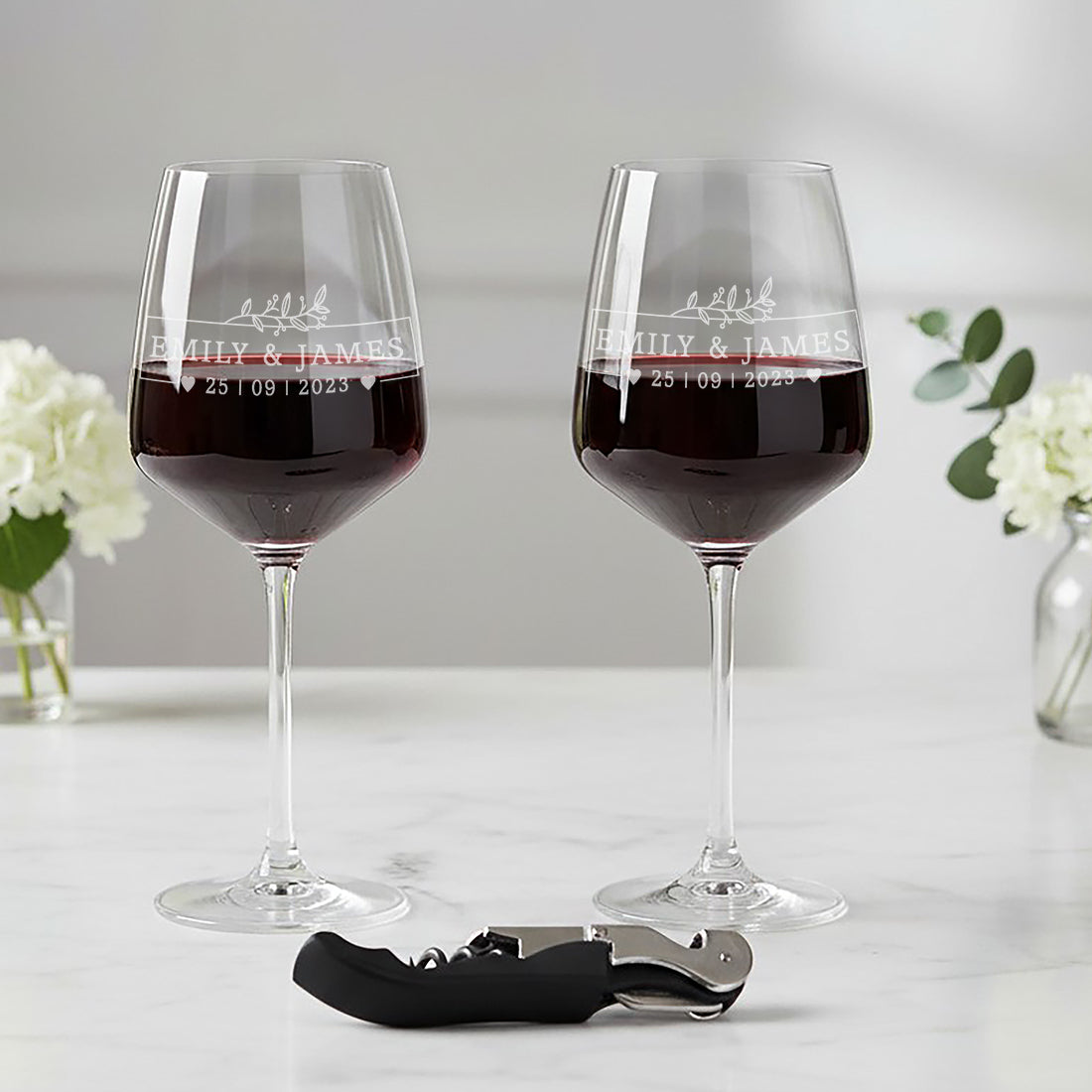 Botanical Frame Pair Of Stemmed Wedding Anniversary Wine Glasses
