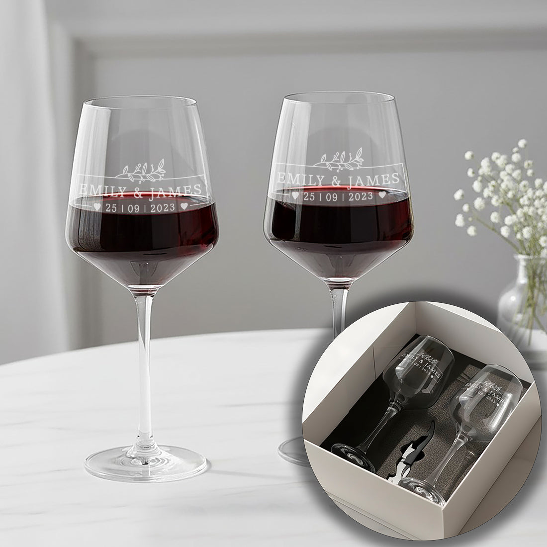 Botanical Frame Pair Of Stemmed Wedding Anniversary Wine Glasses