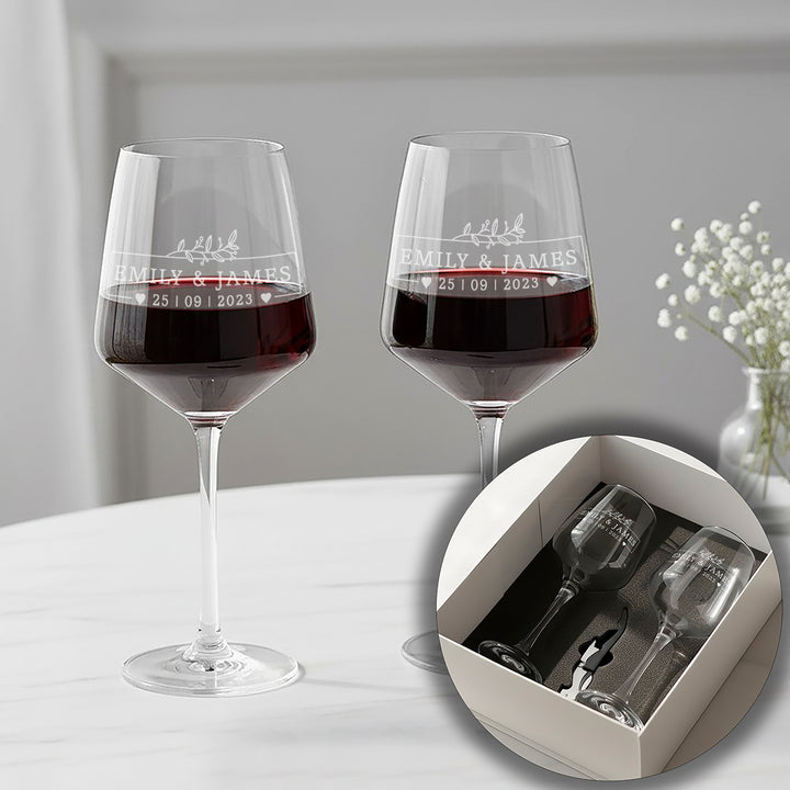 Botanical Frame Pair Of Stemmed Wedding Anniversary Wine Glasses