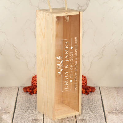 Botanical Frame Wedding or Anniversary Champagne Bottle Box with clear lid