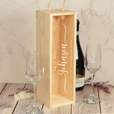 Classic Script Wedding Anniversary Clear Lid Champagne Bottle Gift Box and Glasses Gift Set
