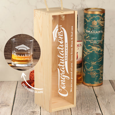 Graduation Congratulations Bottle Box with clear lid and matching Glass Gift Set