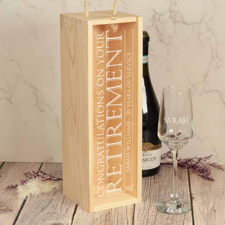 Typographic Retirement Bottle Box with clear lid and matching Glass Gift Set