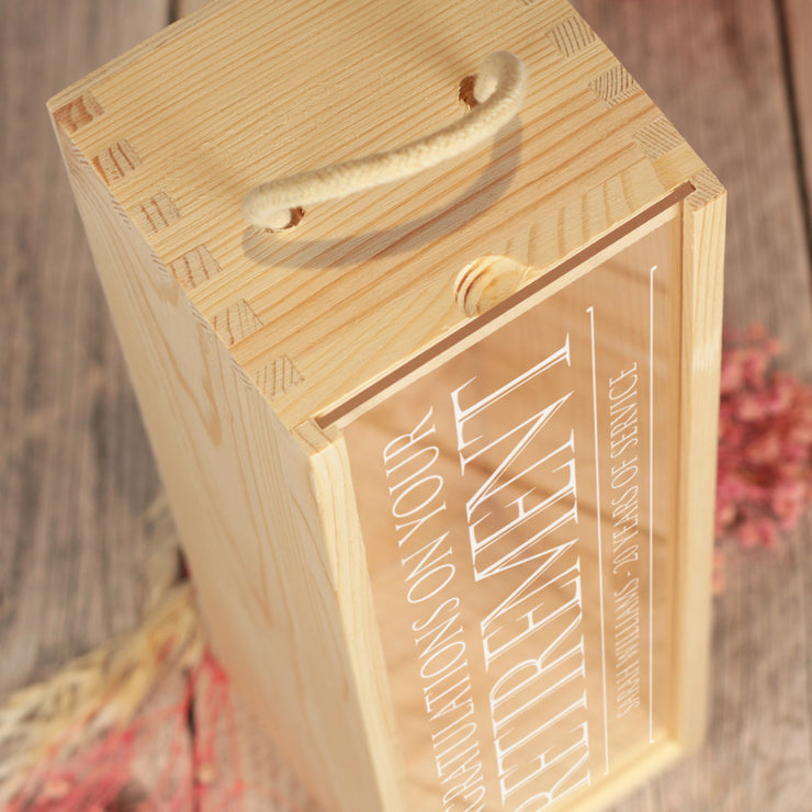 Typographic Retirement Bottle Box with clear lid and matching Glass Gift Set