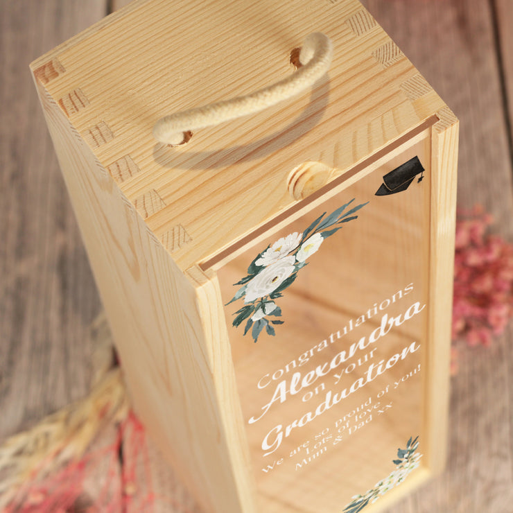 Floral Graduation Bottle Box with clear lid and matching Glass Gift Set