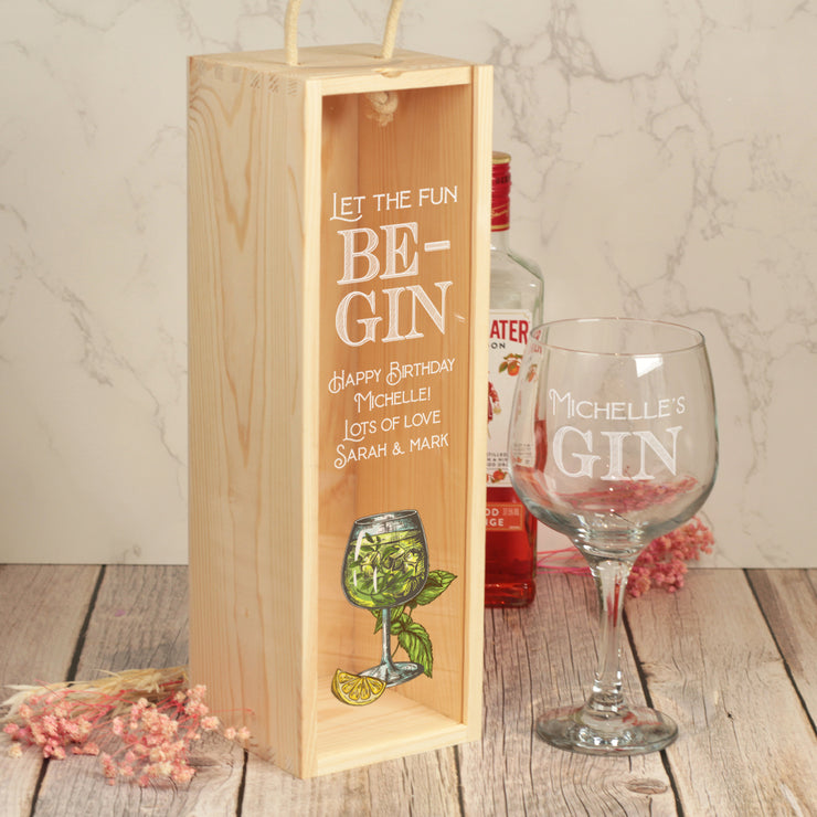 'Let the Fun Be-Gin' Bottle Box with clear lid and Gin Glass Gift Set