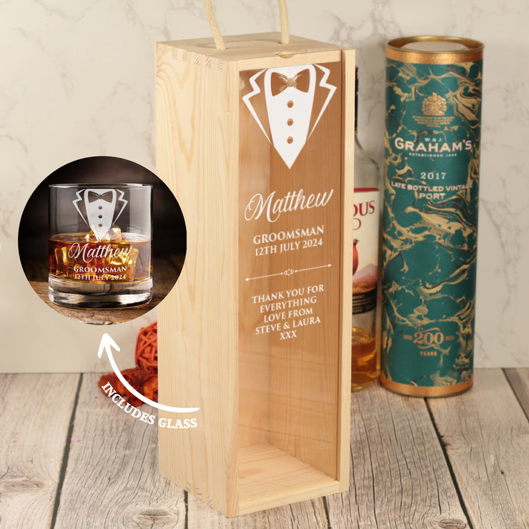 Tuxedo Groomsman Wedding Thank You Bottle Box with clear lid and matching tumbler Glass Gift Set