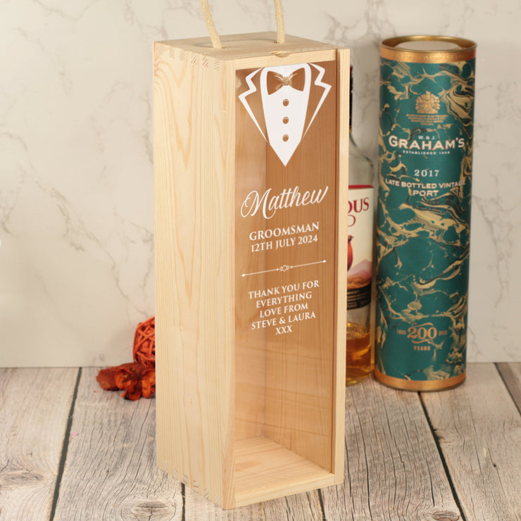 Tuxedo Groomsman Wedding Thank You Bottle Box with clear lid and matching tumbler Glass Gift Set