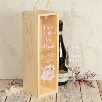 Pink Flowers Birthday Bottle Box with clear lid and matching Glass Gift Set
