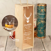 Stag Wedding Party Thank You Bottle Box with clear lid and matching Tumbler Glass Gift Set