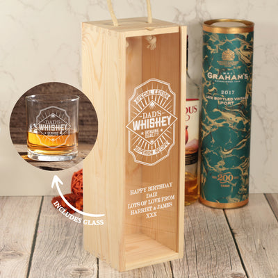Whiskey Label Bottle Box with clear lid and matching Whiskey Glass Gift Set