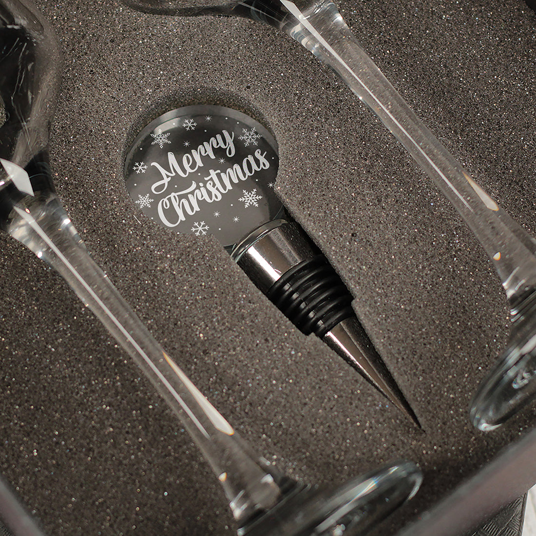 Christmas Snowflake Champagne Flutes and glass topped bottle stopper gift set