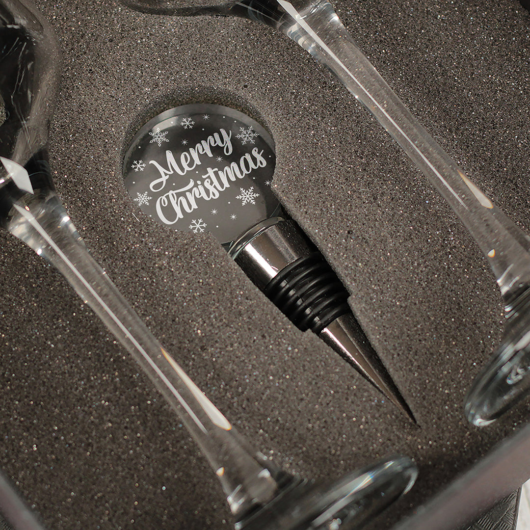 Christmas Snowflake Champagne Flutes and glass topped bottle stopper gift set