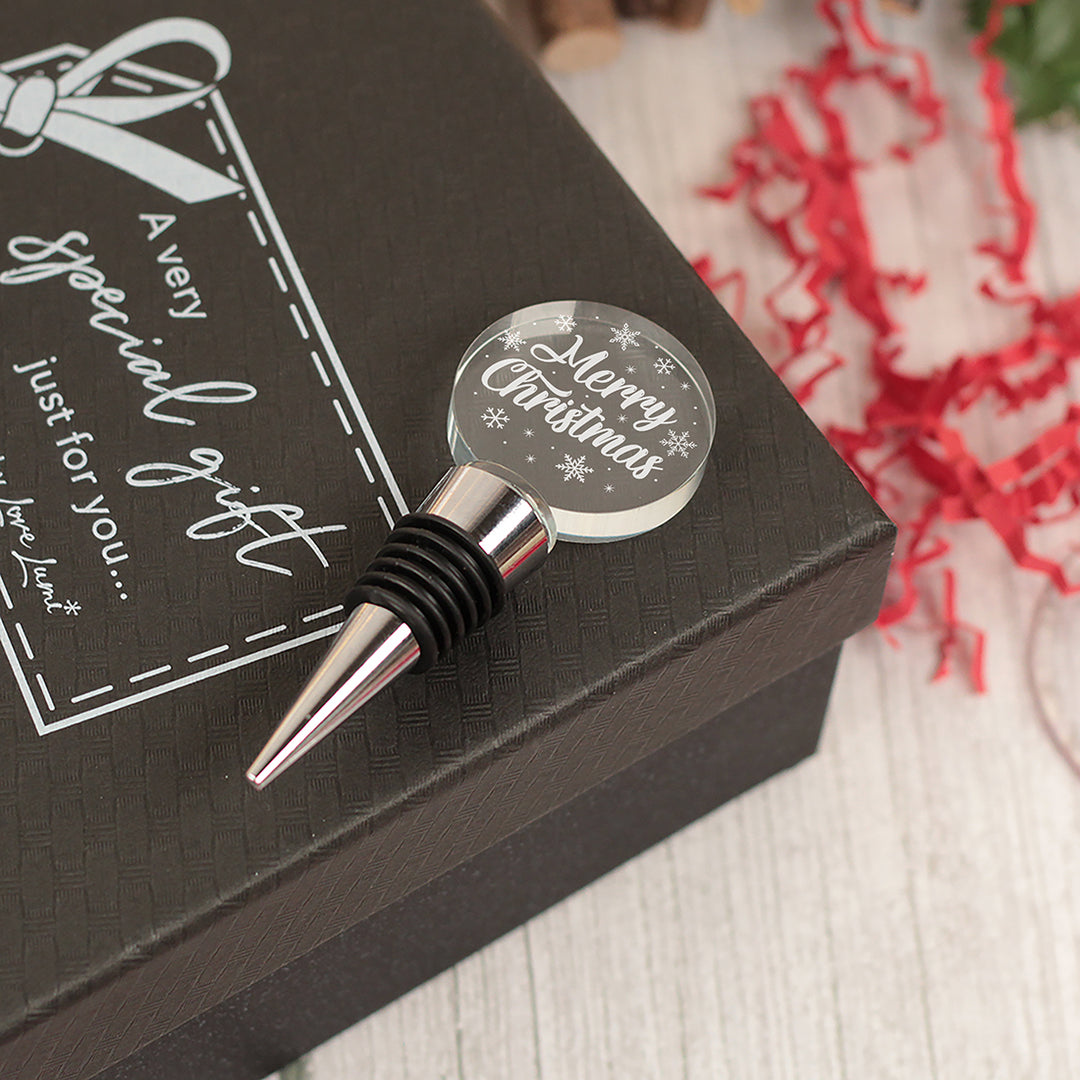 Christmas Snowflake Champagne Flutes and glass topped bottle stopper gift set