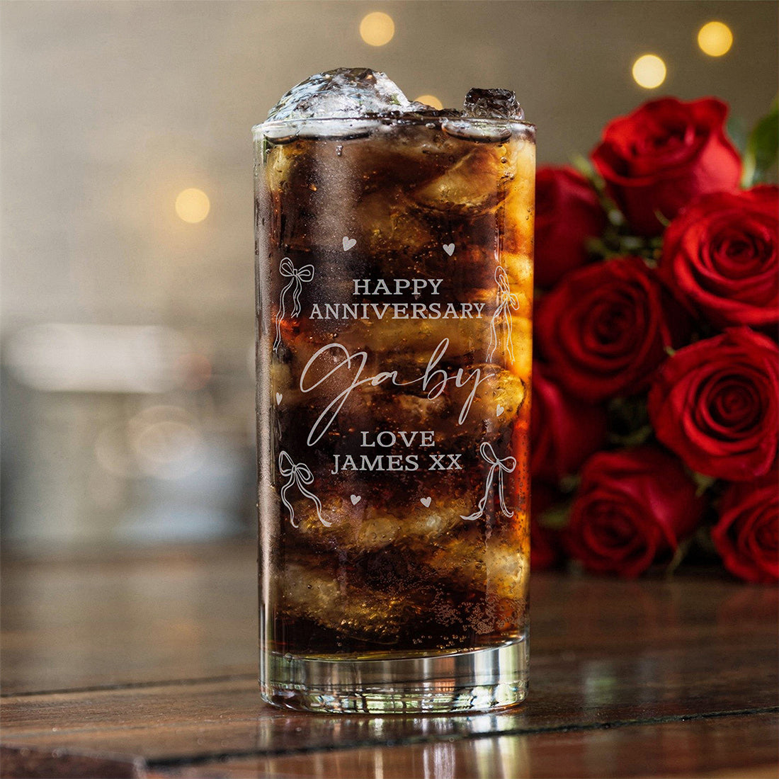 Personalised Bows and Hearts Wedding Anniversary Highball Glass