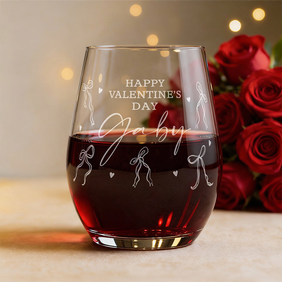 Personalised Bows and Hearts Valentine's Day Stemless Glass
