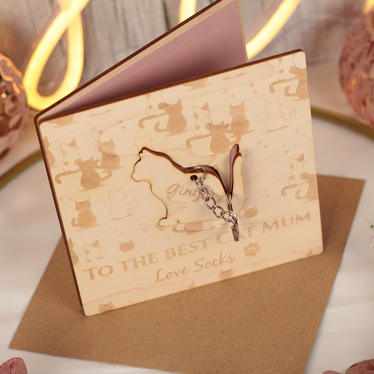 Cat Lover Engraved Wooden Birthday Greetings Card with Keyring Gift-Love Lumi Ltd