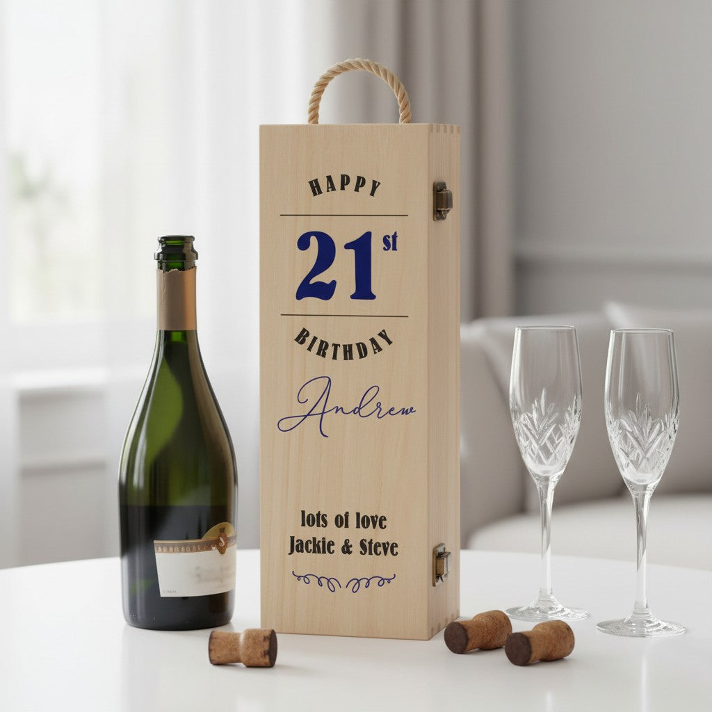 21st Birthday Hinged Wooden Champagne Bottle Box
