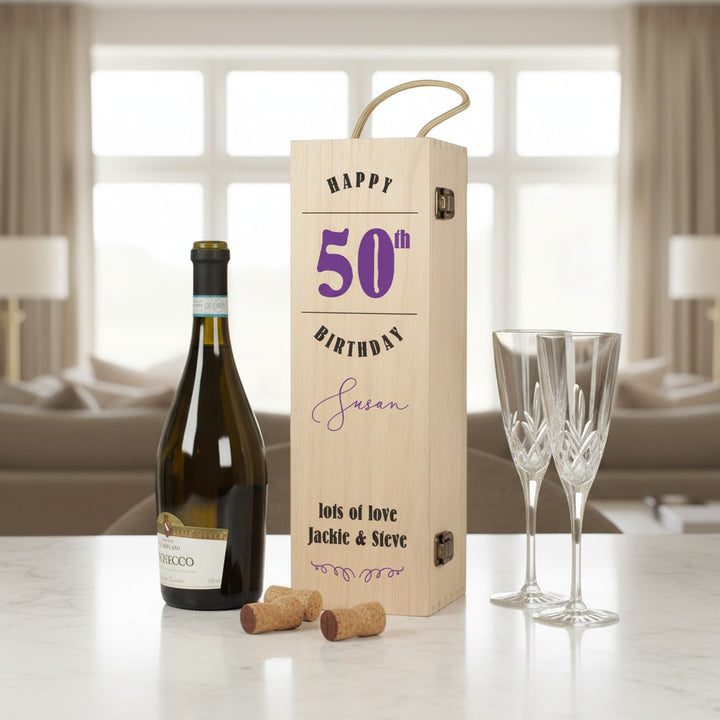 50th Birthday Hinged Wooden Champagne Bottle Box