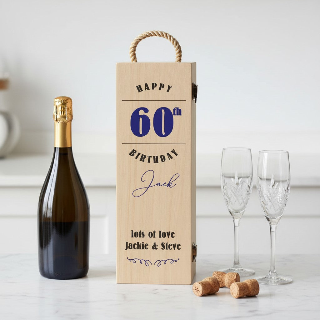 60th Birthday Hinged Wooden Champagne Bottle Box