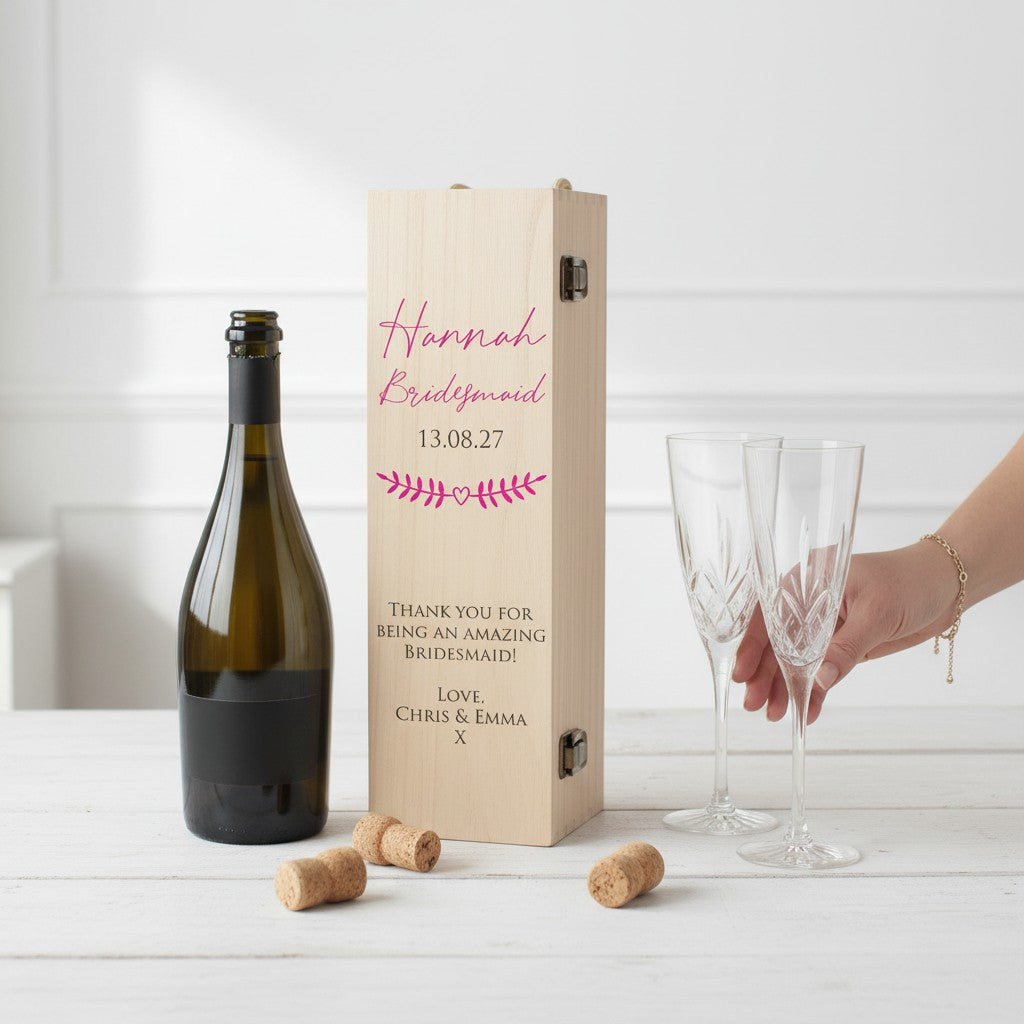 Bridal Party Thank You Hinged Wooden Champagne Prosecco Bottle Gift Box