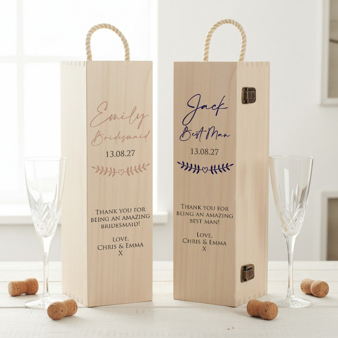 Bridal Party Thank You Hinged Wooden Champagne Prosecco Bottle Gift Box