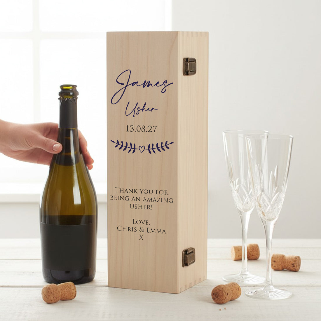 Bridal Party Thank You Hinged Wooden Champagne Prosecco Bottle Gift Box
