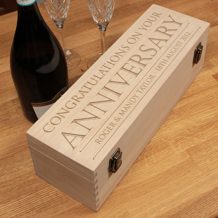 Engraved Wedding Anniversary Typographic Hinged Wooden Bottle Gift Box