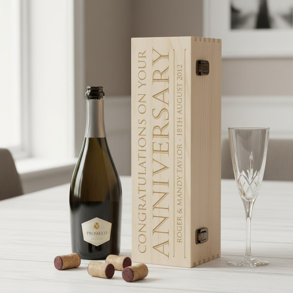 Engraved Wedding Anniversary Typographic Hinged Wooden Bottle Gift Box