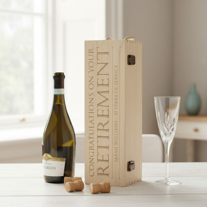 Engraved Retirement Hinged Wooden Champagne Prosecco Bottle Gift Box