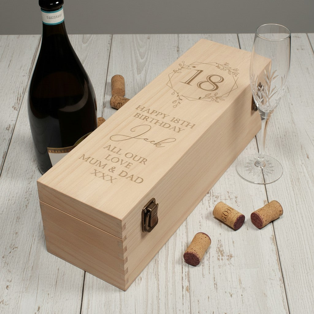 Engraved Floral Frame 18th Birthday Hinged Wooden Bottle Gift Box