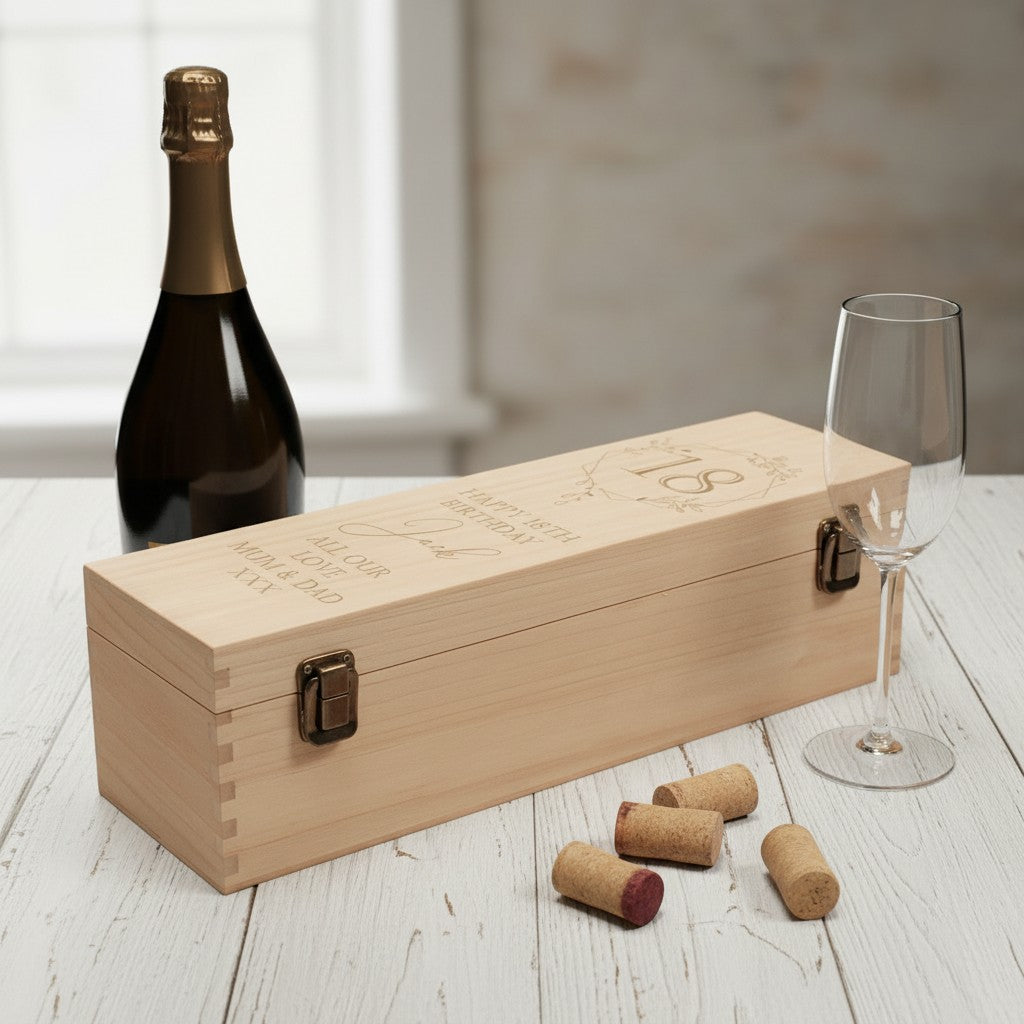 Engraved Floral Frame 18th Birthday Hinged Wooden Bottle Gift Box