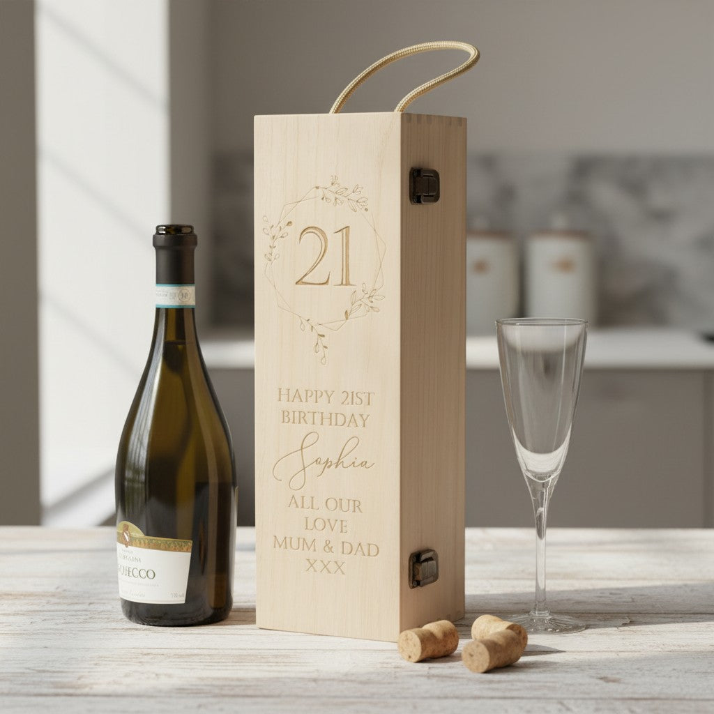 Engraved Any Age Floral Frame Birthday Wooden Champagne Bottle Box