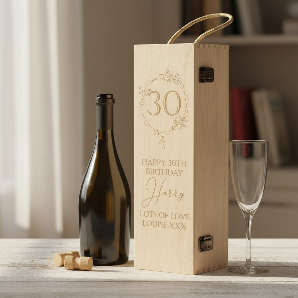 Engraved Any Age Floral Frame Birthday Wooden Champagne Bottle Box