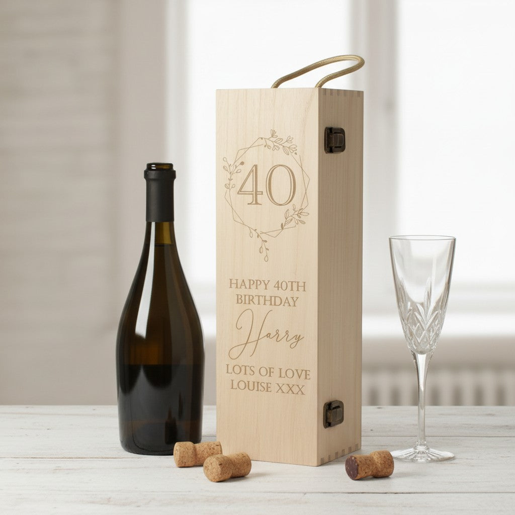 Engraved Floral Frame 40th Birthday Hinged Wooden Bottle Gift Box
