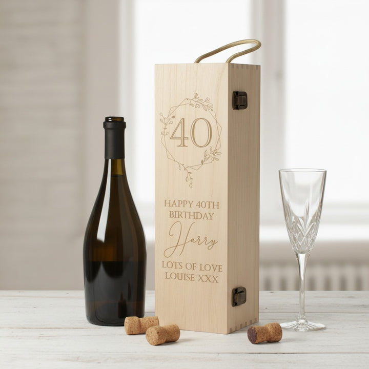 Engraved Floral Frame 40th Birthday Hinged Wooden Bottle Gift Box