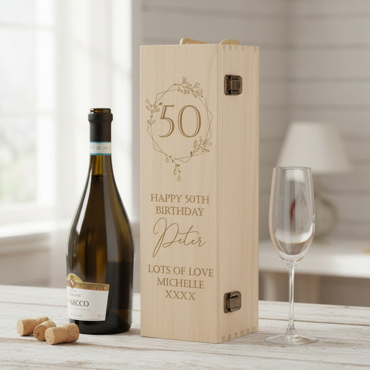 Engraved Floral Frame 50th Birthday Hinged Wooden Bottle Gift Box