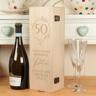 Engraved Floral Frame 50th Birthday Hinged Wooden Bottle Gift Box