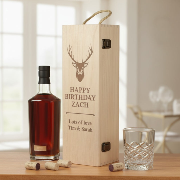 Engraved Stag Birthday Hinged Wooden Champagne Prosecco Bottle Gift Box