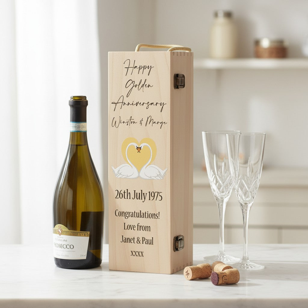 Golden 50th Wedding Anniversary Swans Hinged Wooden Bottle Gift Box