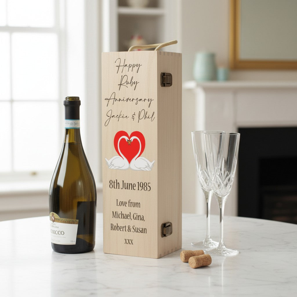 Ruby 40th Wedding Anniversary Swans Hinged Wooden Bottle Gift Box
