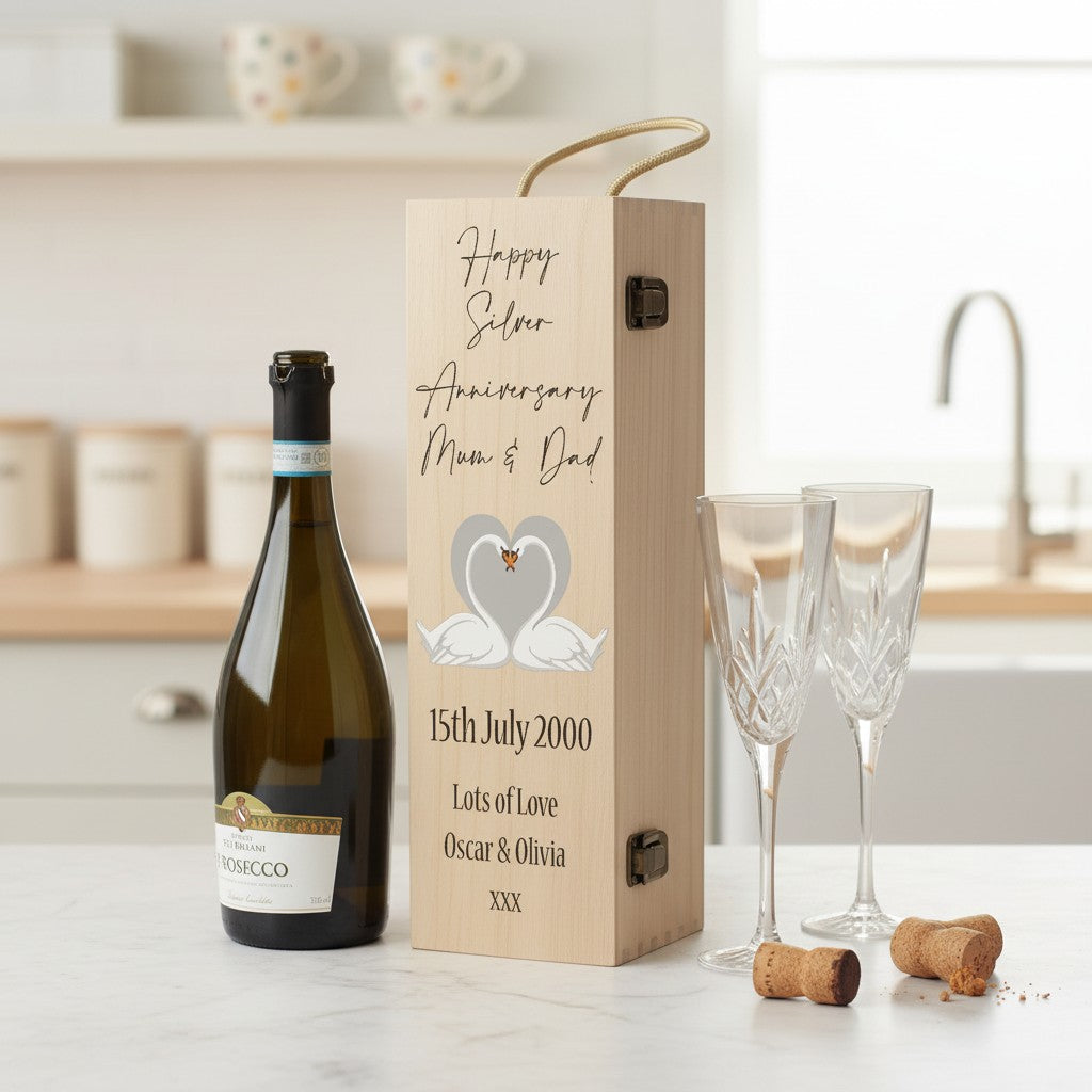Silver 25th Wedding Anniversary Swans Hinged Wooden Bottle Gift Box