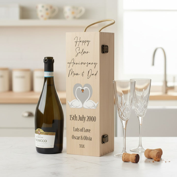 Silver 25th Wedding Anniversary Swans Hinged Wooden Bottle Gift Box