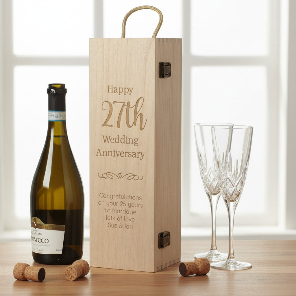 Engraved Wedding Anniversary Hinged Wooden Champagne Prosecco Bottle Gift Box