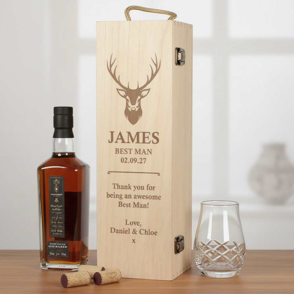 Personalised Stag Bridal Party Thank You Engraved Hinged Wooden Bottle Gift Box