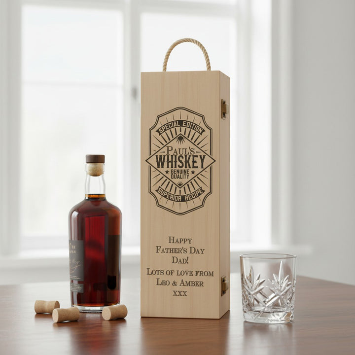 Personalised Whiskey Label Hinged Wooden Bottle Gift Box