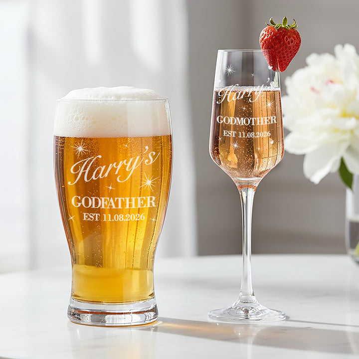 Personalised Godfather Pint Glass or Godmother Champagne Flute